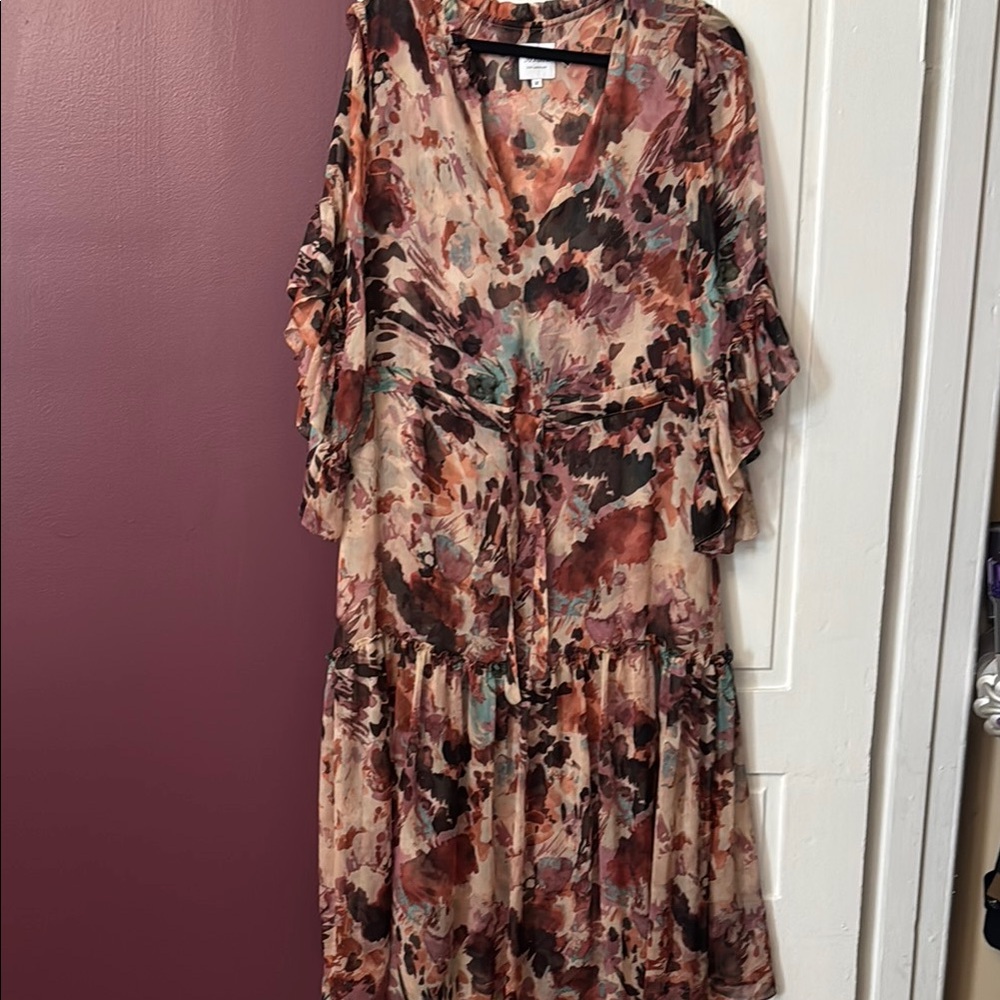 Misa Los Angeles Pink Pattern Dress with Flutter Sleeves